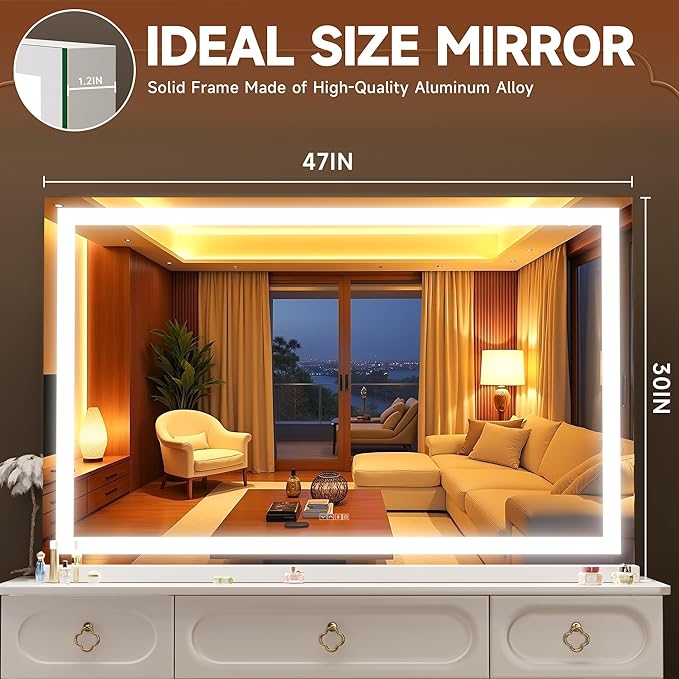 MINISO Vanity Mirror with Lights,47"x30"LED Makeup Mirror,Touch Sensor,3 Light Colors,Dimmable,Metal Frame,with 10X Magnifying Glass,Rectangular White