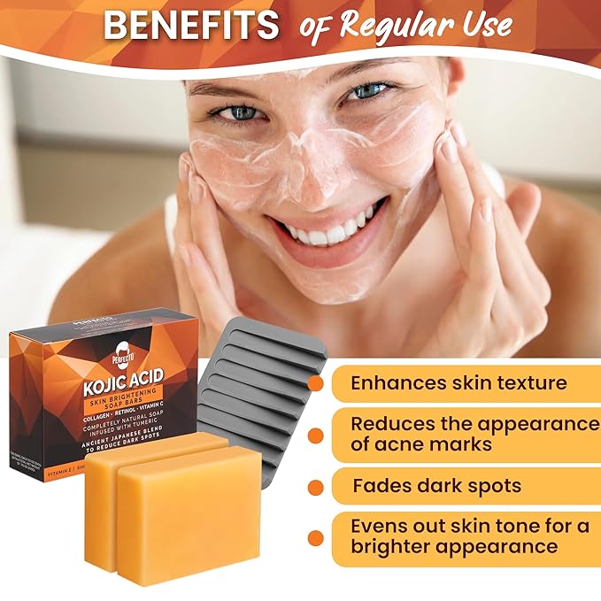 Perfecto Kojic Acid Soap Bar for Hyperpigmentation - All-Natural Kojic Acid Turmeric Bars - Can Reduce Dark Spots - Skin Soap with Vitamin C, Retinol, Collagen -100g x 2 Bars