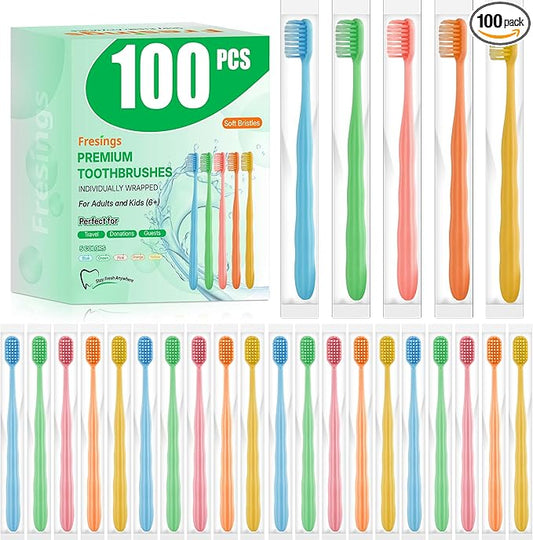 100-Pack Premium Bulk Disposable Toothbrushes, Individually Wrapped, Soft Bristles, Peanut Grip Handle for Travel, Guest Bathroom, Hotel & Emergency Kits, Family, Kids & Adults, Single Use