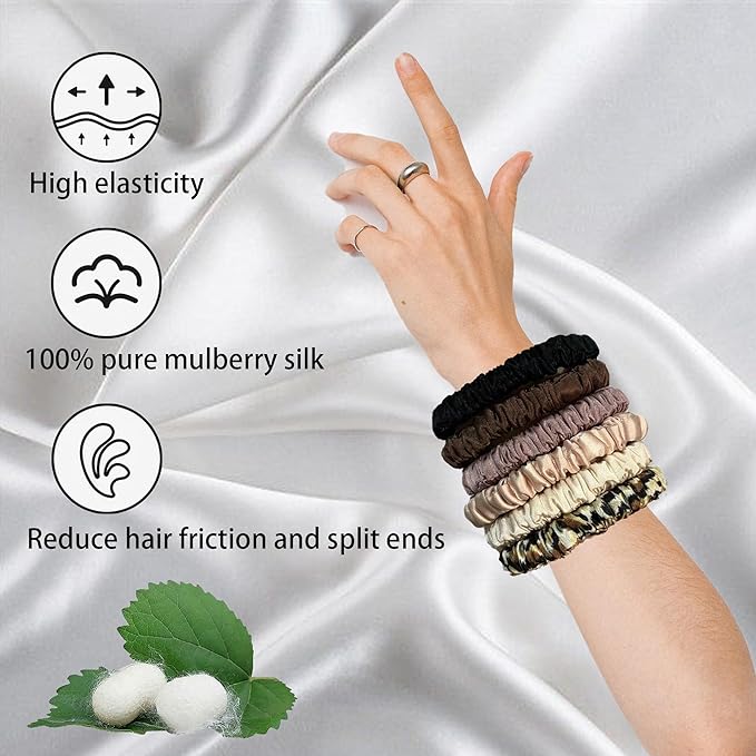 100% Pure Mulberry Silk Scrunchies - 6Pcs Hair Scrunchies for Women | Hair Ties for Thick Hair | Silk Ponytail Holders Hair Care No Damage