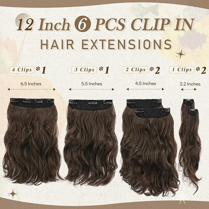 BARSDAR Wavy Clip in Hair Extensions - 12 Inch Brown Clip in Hair Extesnsions for Women - 6PCs Full Head Thick Soft Synthetic Clip ins Hairpieces Daily Party Halloween - Brown