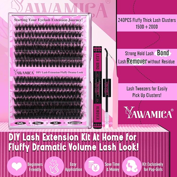Yawamica Fluffier Lash Clusters Kit 150D+200D Thick Volume Lash Extension Kit 14-20mm Wispy Eyelash Clusters Individual Lashes Kit with Lash Bond, Lash Remover, Lash Applicator for DIY Lash Extension