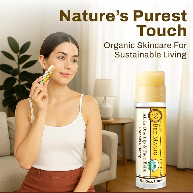 Organic Beeswax Lip Balm - Natural Chapstick for Dry Lips - Honey & Propolis Moisturizing Wand - Non Petroleum Lip Balm for Men & Women - Clean Lip Care for All Skin Types, 0.65 oz