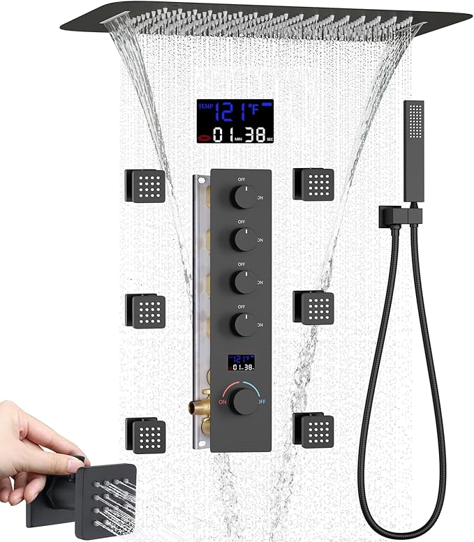 AYIVG Matte Black Multi Function Luxury Thermostatic Shower System 4 Functions Temperature Display Shower Set Rainfall Shower Head with Handheld Spray & 6PCS Body Spray Jets with ON/Shut off
