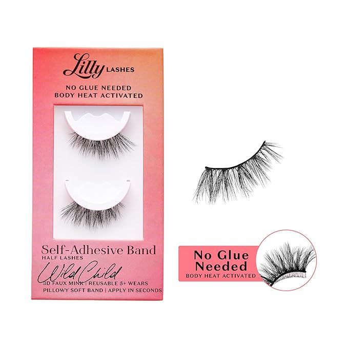 Lilly Lashes Self Adhesive Eyelashes (Half Lashes), No Lash Glue Needed, Body Heat Activated Press on Lashes, Reusable Self Adhesive Eyelashes Up to 5x, Easy to Apply & Remove (WildChild)