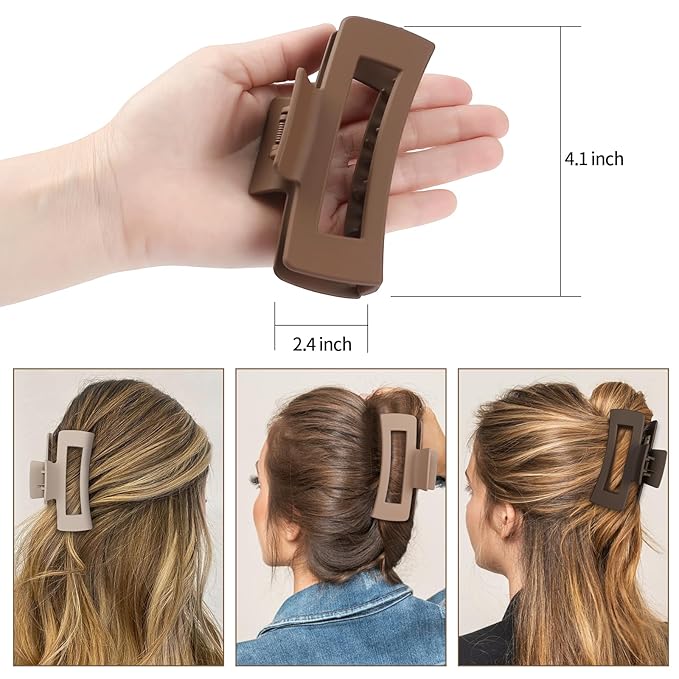 4 Inch Big Hair Claw Clips 6 Pcs Large Claw for Thick Hair Square Hair Clips for Women Rectangle Hair Clips Nonslip Acrylic Banana Jaw Clips Hair Accessories for Girls (Coffee Brown)