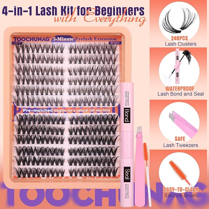 TOOCHUNAG Cat Eye Lash Clusters Kit Wispy DIY Lash Extension Kit Natural Eyelash Extension Kit 7-16mm Individual Cluster Lashes Extensions with Lash Bond and Seal, Tweezers, Brushes(30D+40D)