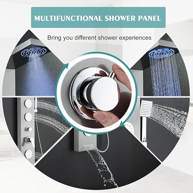 KINKIB Shower Panel Tower System for Bathroom - 5 In 1 Full Body Shower Tower With Led, Rainfall Shower Head With Powerful Body Jets, Handheld Shower and Tub Spout, Brushed Finish