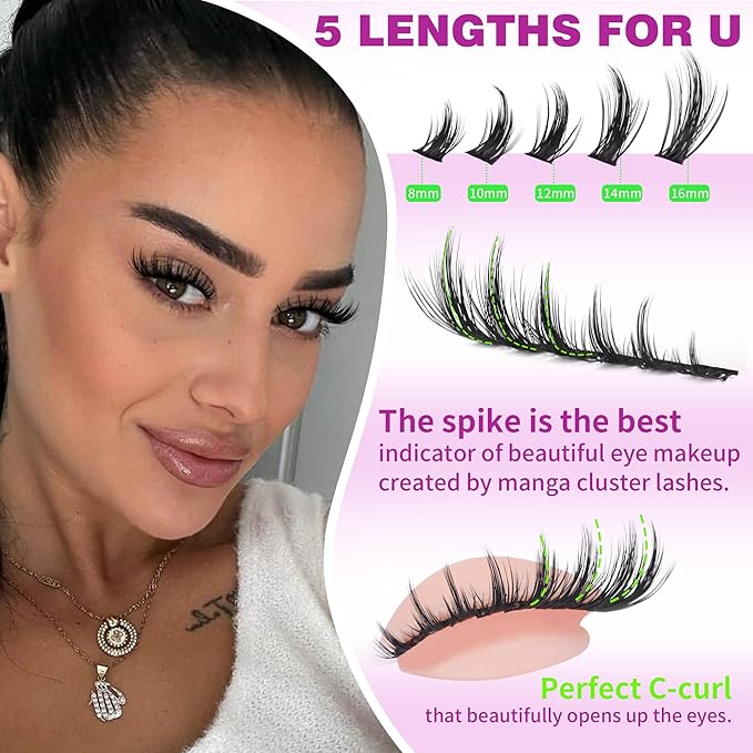Spiky Lash Clusters Kit Manga Eyelash Extensions Kit with Lash Bond and Seal Doll Anime Lash Extensions with Invisible Band Natural Volume Individual Lashes Kit 165Pcs 8MM-16MM