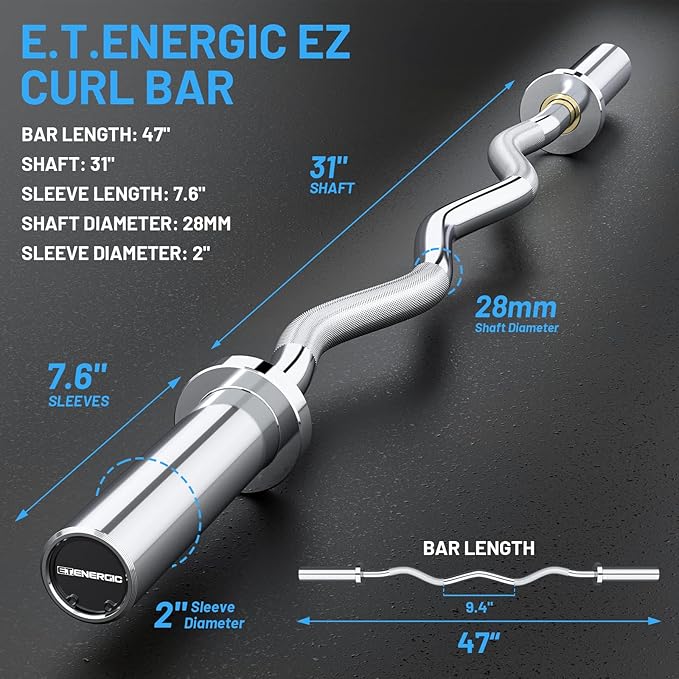 47" Olympic EZ Curl Bar 500-lbs Capacity Steel 2" Barbell