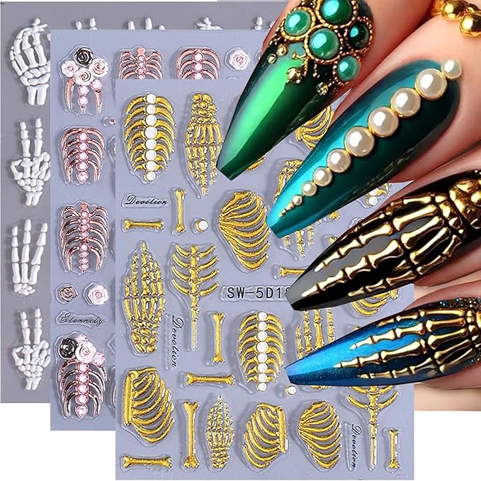 3 Sheets Halloween Nail Stickers for Nail Art 5D Embossed Halloween Skull & Skeleton Nail Art Stickers Decals Gothic Nails Design Rose Gold Hand Bone Nail Supplies for Women Holiday Nails