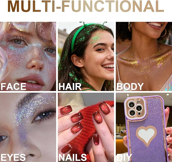 Roll-on Holographic Body Glitter Gel for Body, Hair, Face, Chameleon Color Changing Glitter Gel Under Light, Chunky Mermaid Sequins Festival Party Rave Accessories Shimmer Makeup (Champagne)