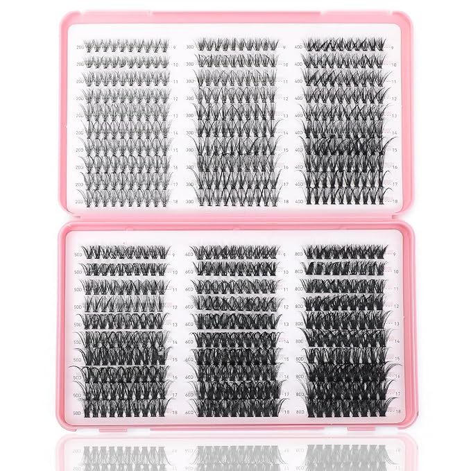 Lash Clusters Kit, 560 Pcs Eyelashes Clusters Kit 9-18mm Individual Lash Extension Kit D Curl Flufffy Wispy False Eyelashes (20D+30D+40D+50D+60D+80D, Lash Clusters)