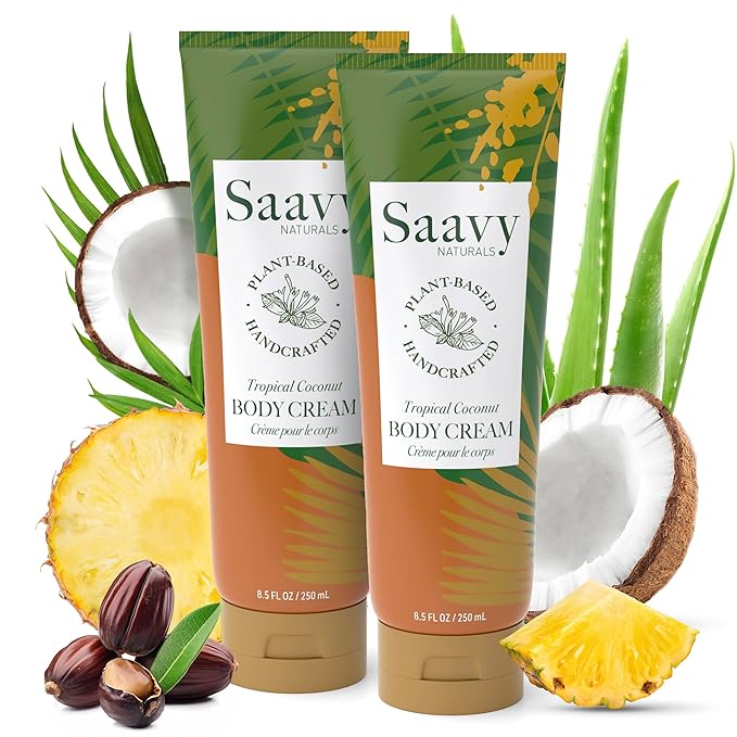 Saavy Naturals Body Cream Tropical Coconut Plant-Based Ingredients| Made In USA | Absorbent Shea Butter Vegan Formula, Thick and Creamy Body Moisturizer, Body Lotion for Dry Skin- 8.5 Fl Oz, 2 Pack