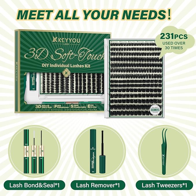 KEYYOU LASH Clusters Kit 3D Effect Eyelash Clusters Kit 231pcs 100D200D 8-16MIX D Curl Individual Lashes Kit Wispy Lashes Volume Cluster Lashes Kit Natural Soft (3D Kit-100D200D-D-8-16MIX)