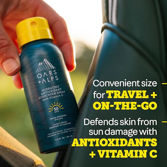 Oars + Alps Sunscreen Spray for Face & Body Spray Sunscreen Infused with Vitamin C & Antioxidants, No White Residue, Water & Sweat Resistant, All Skin Types, Lightweight, Hydrating, SPF 50, 1.87 Oz
