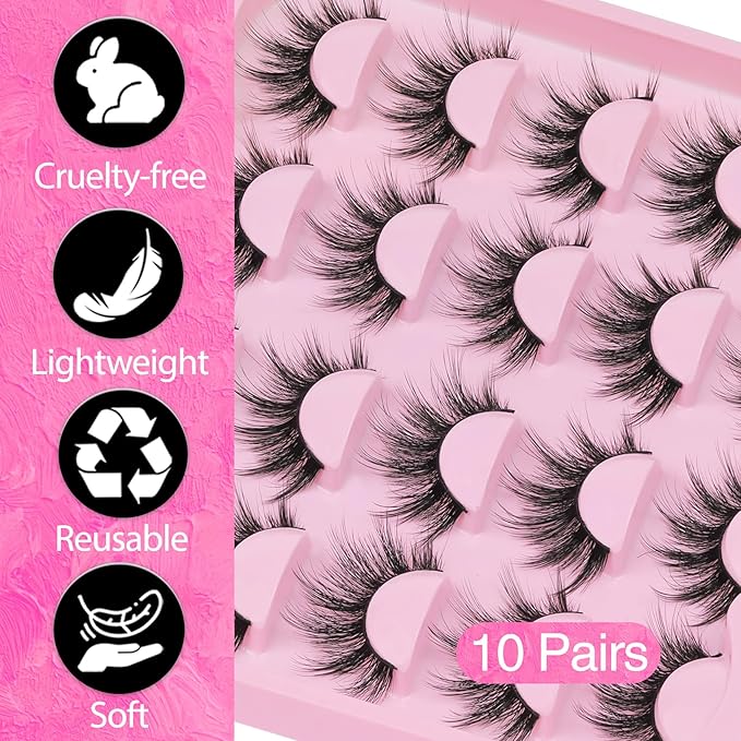 Veleasha Lashes Fluffy Eyelashes Wispy Fake Lashes Volume Eye Lashes 18mm Long Lashes C Curl Fake Eyelashes Soft False Lashes Lightweight False Eyelashes Dramatic Lash Strips 10 Pairs Pack (Firework)