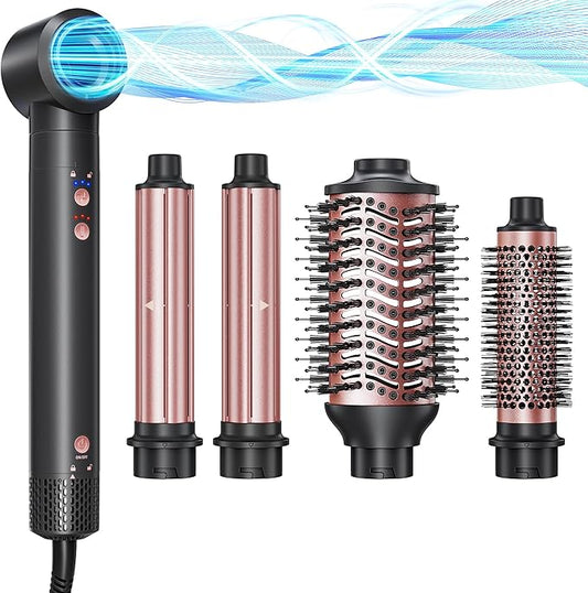 5-in-1 Hot Air Styler Wrap, High-Speed Hair Dryer Brush Blow Dryer with 2 Auto Wrap Curlers for Curling, Straightening, Volumizing, Fast Drying & Frizz-Free Styling for All Hair Types