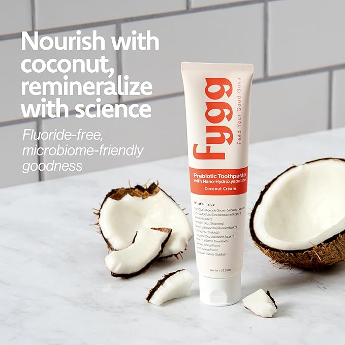 Fygg Fluoride-Free Toothpaste with Prebioitics – Coconut Cream Flavor (4oz) | Nano-Hydroxyapatite Remineralizing for Sensitive Teeth, Whitening & Enamel Repair