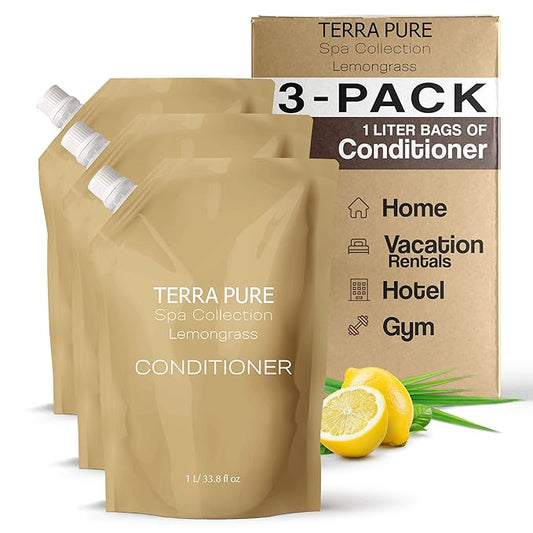 Terra Pure Spa Collection 1 Liter Conditioner Refill Bag For Soap Dispensers | Bulk Toiletries for Vacation Rentals, and Home Bathroom Showers | Green Tea Lemongrass | Set of 3