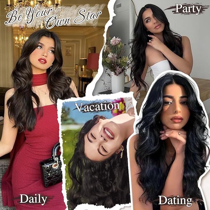 BARSDAR Beach Wavy Dark Brown Clip in Hair Extensions – 16 Inch 6PCS Thick Soft Synthetic Hairpieces, Full Head Clip in Hair Extensions for Women – Voluminous Easy Wear Daily Party - Dark Brown