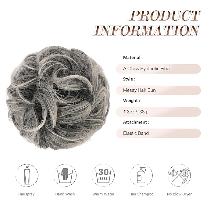 FESHFEN Messy Bun Hair Piece - Wavy Synthetic Chignon Scrunchies for Instant Volume, Elastic Bun Ponytail Hair Extensions Thick Hairpieces for Women, Black Gray and White Tips 1.50 oz