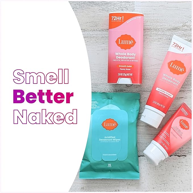 Lume Skin Care Gift Set for Women, Whole Body Deodorant Starter Pack - Smooth Solid Stick, Invisible Cream Tube, Acidified Body Wash Mini & Deodorant Wipes - Aluminum Free Odor Control (Peony Rose)