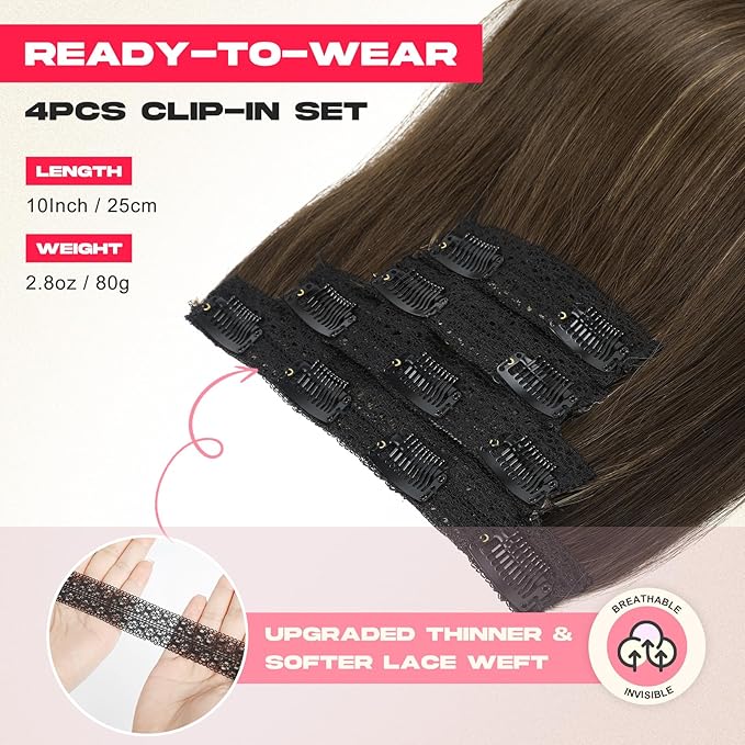 Hair Extensions, 10" Short Clip in Hair Extensions 4PCS Straight Natural Soft Synthetic Hairpiece for Women- Golden Blonde with Highlights
