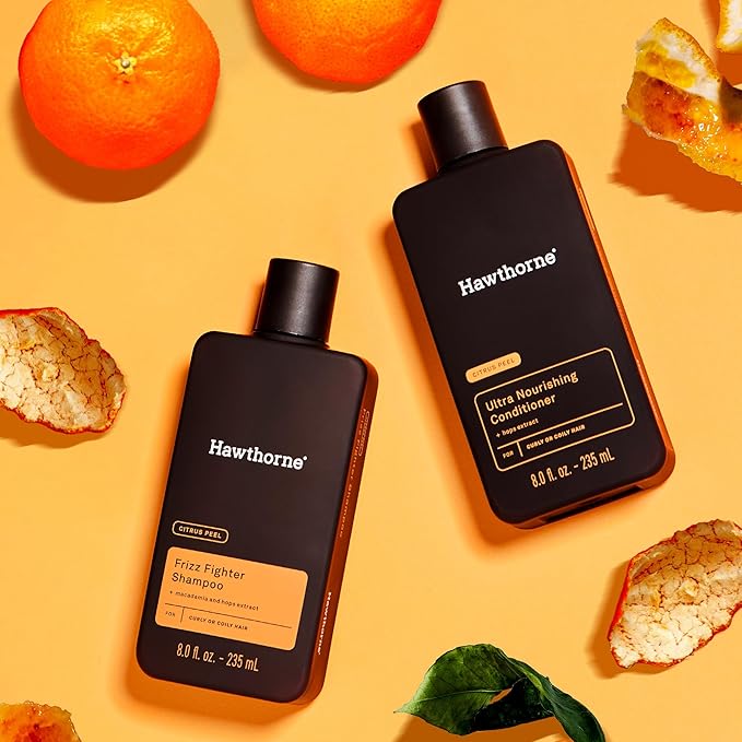 Hawthorne Men's Ultra Nourishing Shampoo and Conditioner Set. Unlock Moisturized, Non-Frizzy Hair with Shea Butter and Coconut Oil. Woody Citrus Scent. Sulfate Free, Paraben Free. 8 fl. oz each.