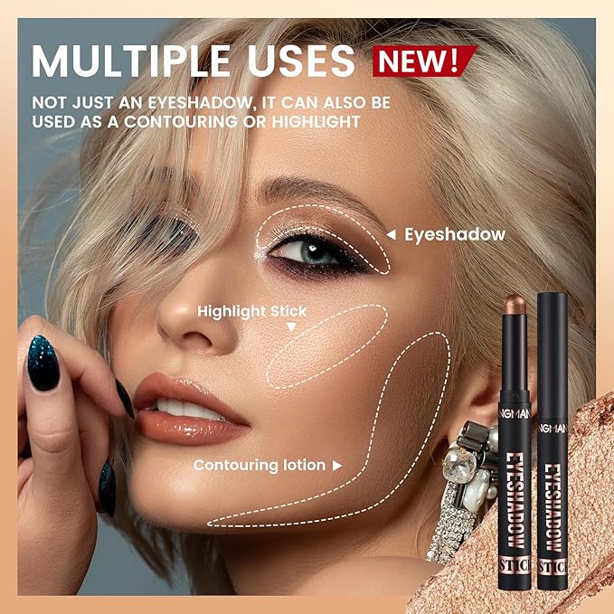 LANGMANNI 8 PCS Soft Smooth Cream Eyeshadow Stick Gift Set,Matte Earth Color+Bright Metal Color Contour Stick,Waterproof & Long-Lasting Eyeshadow (#B)