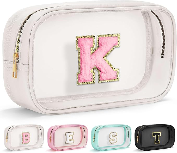 YOOLIFE Initial Valentines Gifts for Kids Travel Toiletry Bag Birthday Gifts for Girls Kids Clear Makeup Bag Preppy Cosmetic Bag for 3 4 5 6 7 8 9 10 11 12 13 Year Old Girls White K