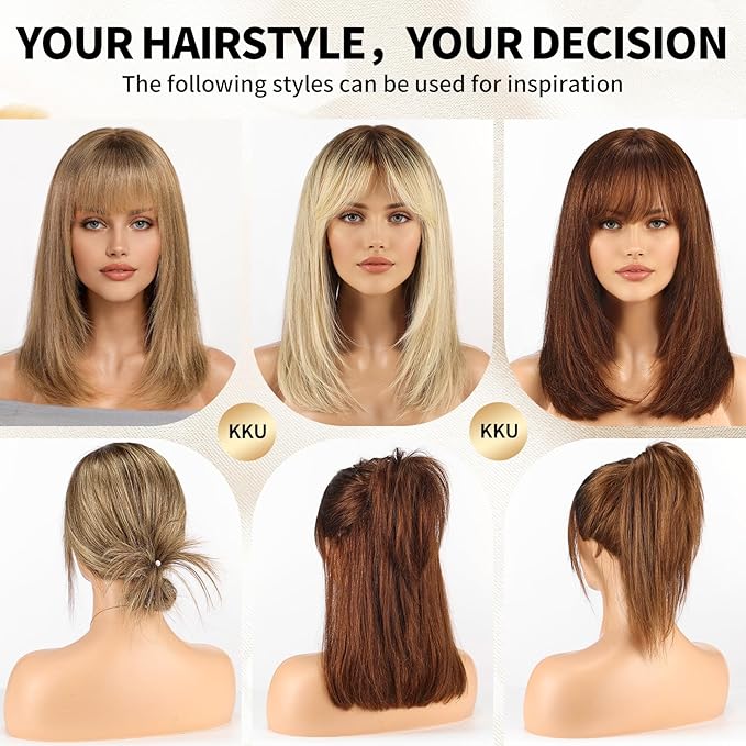 KKU 16 Inch Human Hair Wigs for Women,Layered Straight Hair Wig with Bangs,Wear Natural Realism,Real Hair Wigs