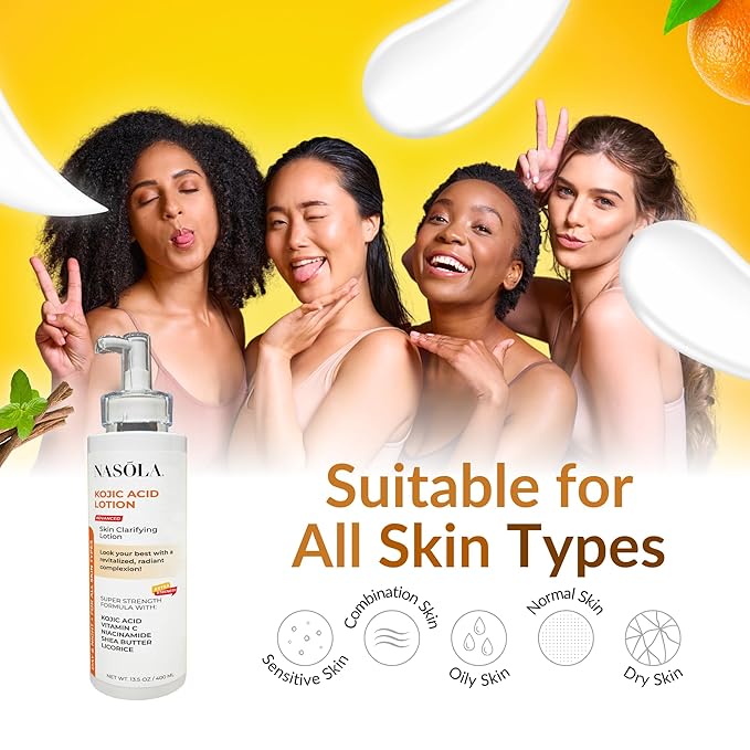 Nasola Kojic Acid Lotion Natural Skin Clarifying for Face & Body with Vitamin C, Niacinamide, Shea Butter, Licorice & Green Tea for Complexion Revitalization, Women & Men