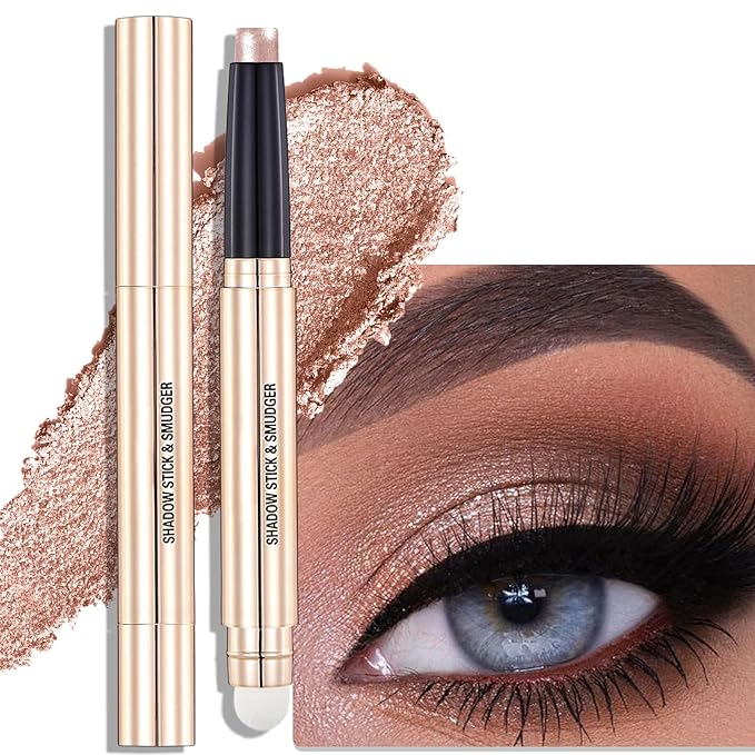 Brown Shimmer Eyeshadow Stick - Dual-Ended Long-Lasting Cream Eye Shadow for Older Women Crease-Proof Metallic Eyeshadow Pencil, Multi-Use Eye Crayon Highlighter Makeup with Built-in Smudger