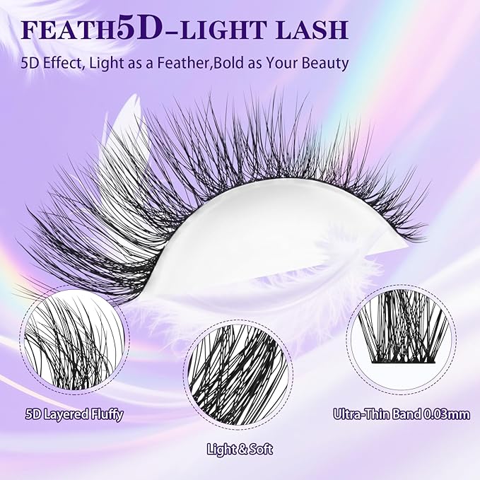 B&Q Lash Clusters Fluffy Wispy Voluminous - 144 PCS Feath5D 08 Layered Individual Cluster Lashes, Feathered Lightweight Eyelash Extensions in 8-18mm Waterproof False Lashes