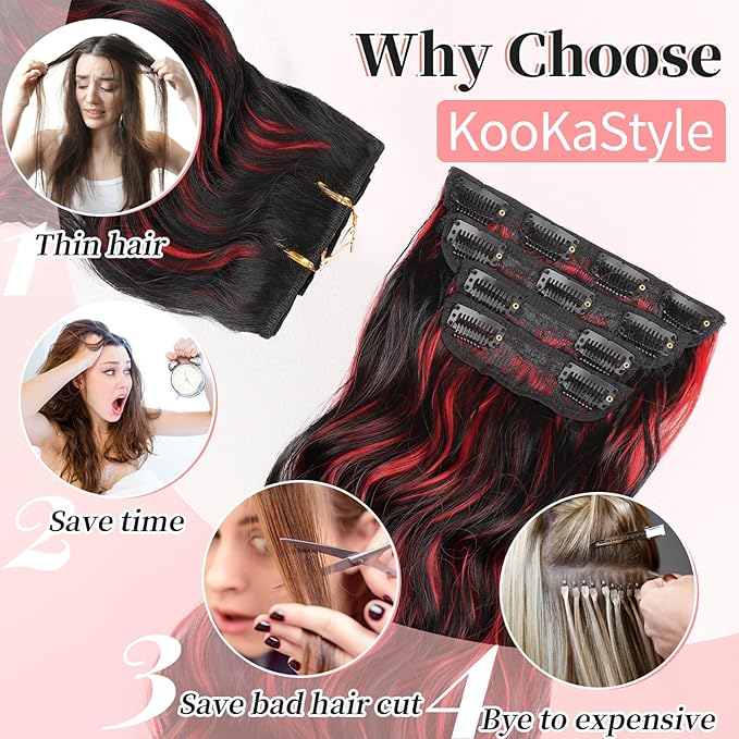KooKaStyle Hair Extensions Black Mix Red Highlights 1B/113# Clip in Synthetic Highlight Hair Extensions Long Wavy 4PCS Thick Hairpieces 20 Inch for Women