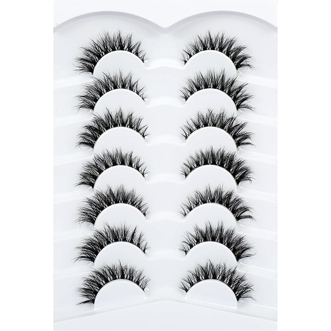 Pooplunch False Eyelashes Invisible Band Cat Eye Look Natural Wispy Lashes Extension Volume Short Fake Eyelashes Faux Mink Lash Strips 7 Pairs Pack