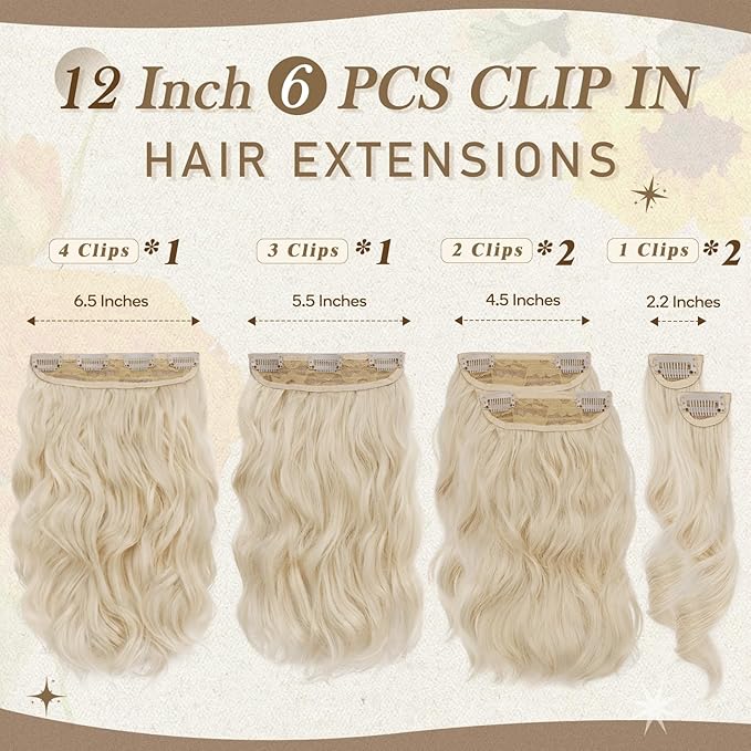 BARSDAR Short Wavy Clip-in Hair Extensions - 12 Inch Blonde - 6PCs Thick Soft Synthetic Clip-in Hairpieces - Daily Use - Light Blonde