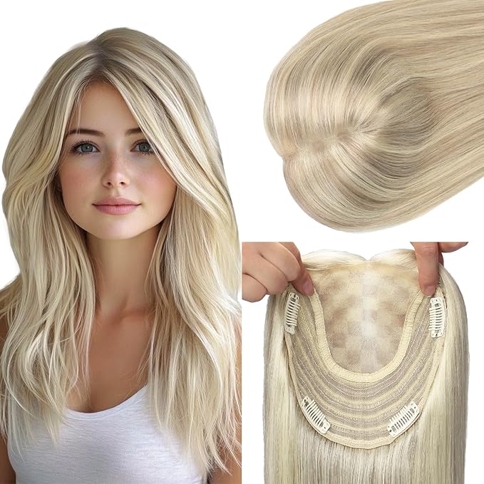 HAIR Toppers for Women Real Human Hair High Density Caramel Blonde Highlighted Blonde 12 inch 55 grams 6x7 inch lace Silk Base Clip in Hair Pieces（#18P60 12inch）