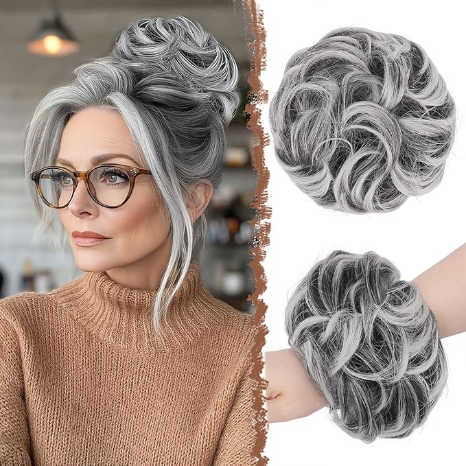 FESHFEN Large Messy Bun Hair Piece - Wavy Synthetic Chignon Scrunchies Elastic Ponytail Hair Extensions Thick Hairpieces for Women, Black with White Tips 1.94oz
