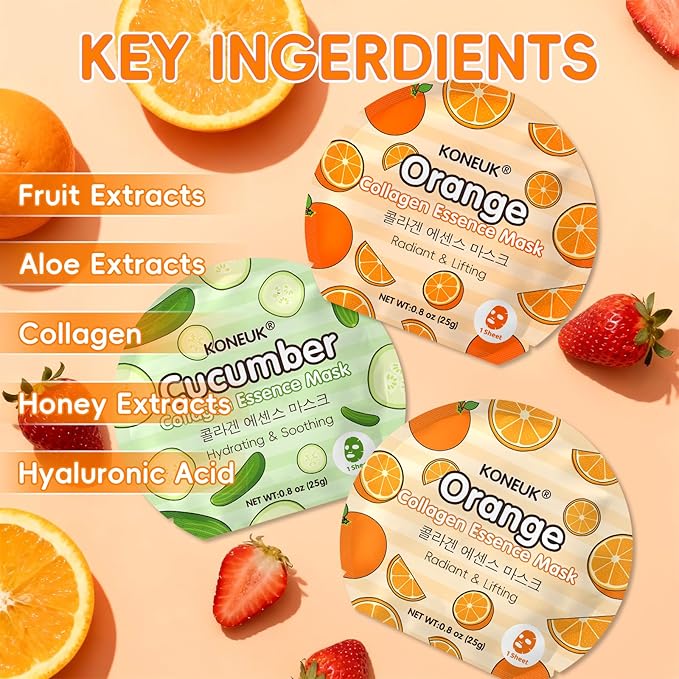 18 Pack Colorful Fruit Face Masks Skincare for Women, Bulk Sheet Hydrating Facial Mask for All Skin Types, Collagen Face Mask for Skin Care, Valentines Day Gifts, Mothers Day Gifts and Spa Party Gifts