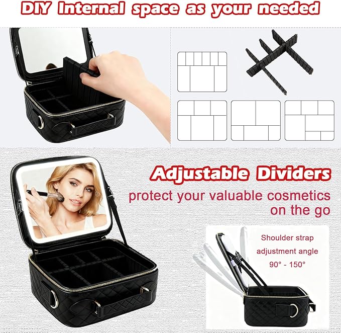 GIUWESOY Travel Makeup Bag with Light Up Mirror, Portable Makeup Bag with Led Light Women Waterproof Makeup Travel Case adjustable dividers Rechargeable Vanity Mirror with 3 Color Lights