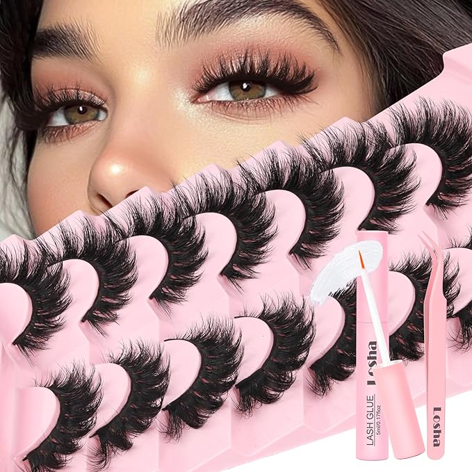 Losha Lashes Kit Volume False Eyelashes Fluffy Cat Eye Lashes 7 Pairs Crisscross Lashes Strips 8-18mm Thick Fake Eyelashes 3D Faux Mink Lashes (FC03 Kit)