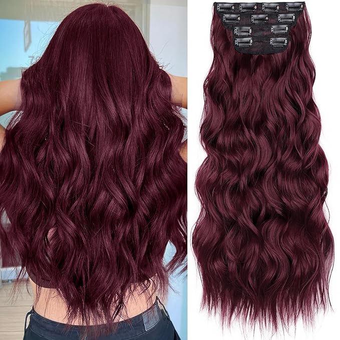 KooKaStyle Burgundy Clip in Hair Extensions for women Synthetic Heat Resistant 4PCS Thick Long Wavy Hairpieces 24 Inch