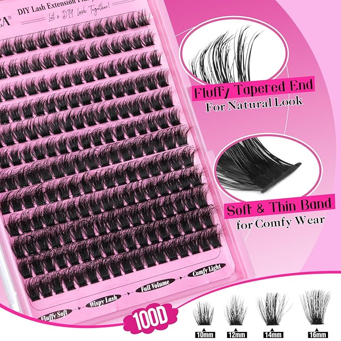 Fluffier Lashes Clusters Kit Wispy Individual Lashes 100D Volume Cluster Eyelash Extensions Kit 10-16mm D Curly Lash Extension Kit with Bond and Seal and Lash Tweezers DIY Eyelash Kit by Yawamica