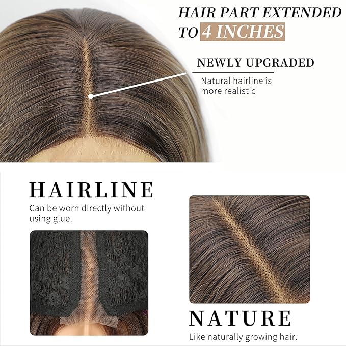 AISI HAIR Ombre Brown Highlight Platinum Blonde Wig for Women, Long Wavy Lace Hairline Middle Part Synthetic Heat Resistant Wig for Daily Party-26 Inch