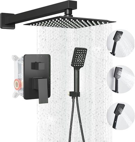 LCEVCGK Shower Head Matte Black, Shower Faucet Set Bathroom Shower System with 8 inch Square Rain Shower Head Wall Mounted with 3-Setting Handheld Spray, Rainfall Shower Combo Set
