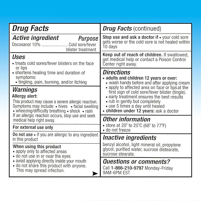 Cosette Cold Sore/Fever Blister Treatment for Face or Lips with Docosanol Cream, 10% - Treatment Cream for Cold Sore/Fever Blister - 0.07 oz Tube (6)