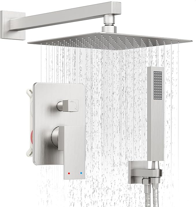 HoliSpa Shower System, Brushed Nickel Shower Faucet Set with 12-Inch Rain Showerhead and Handheld Spray, Wall Mounted High-Pressure Showerhead Combo Set Included Valve and Trim, Brushed Nickel