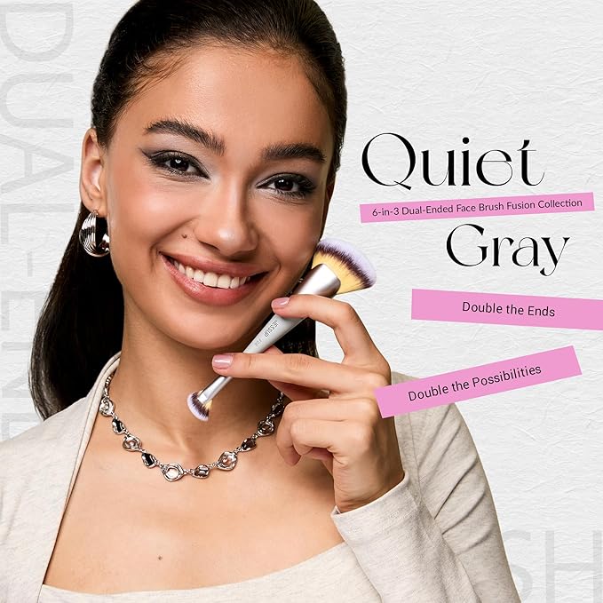 Jessup Face Makeup Brush Set 3pcs Double Sided Makeup Brushes for Foundation Contour Blush Highlight Concealer, Cruelty Free Cosmetic Tools Quiet Gray T521